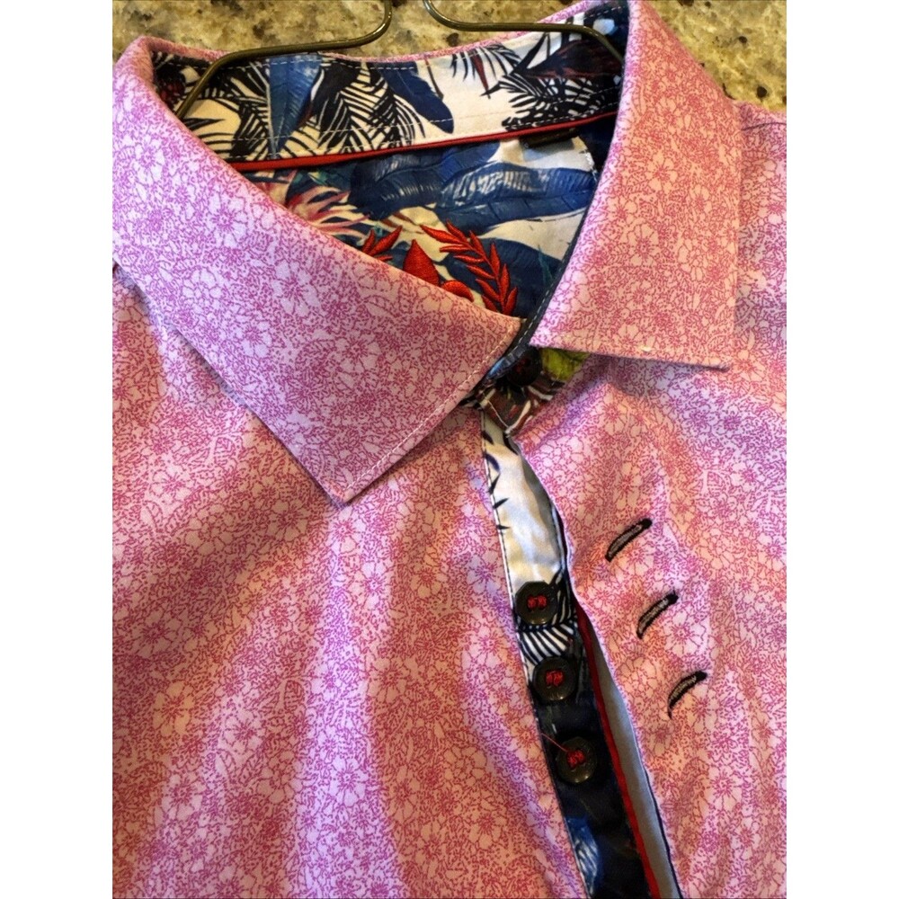 Au Noir Men's L Pink Floral Dress Shirt Tropical Contrast Cuff Lining 98% Cotton